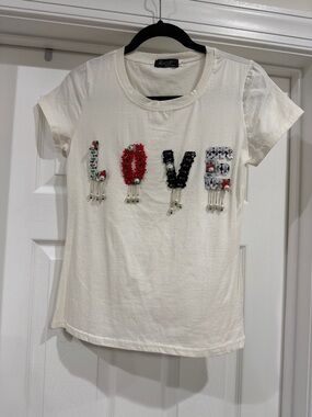Kivari Cream Tee with Red Black and Silver Beaded LOVE